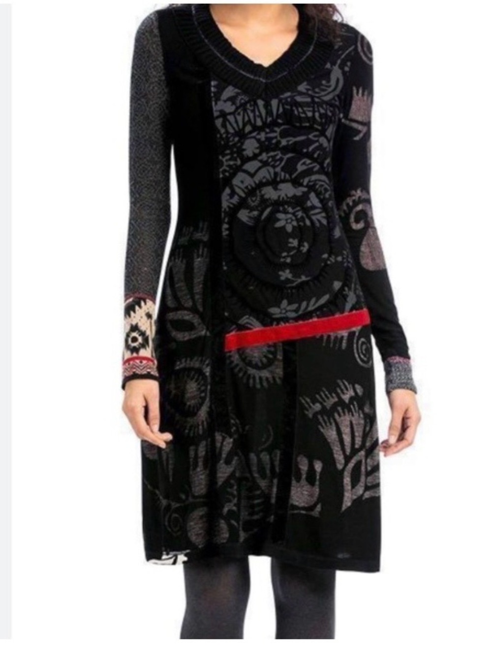 Desigual Black Dress with Red Waist Accent and Gray Pattern